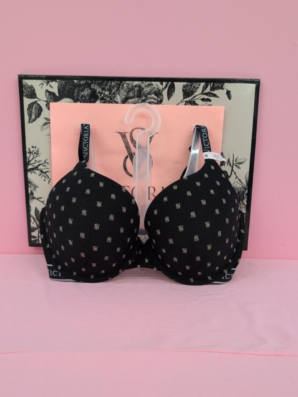 Victoria Secret Lightly Lined Full Coverage Cotton Push Up Bra 32DDD Black Logos